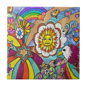 Retro 60s Psychedelic Sunshine Eagle Ceramic Tile