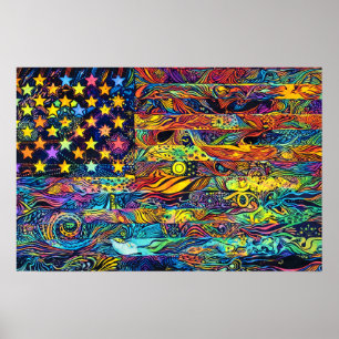 Retro 60's US American Flag Psychedelic Art Poster
