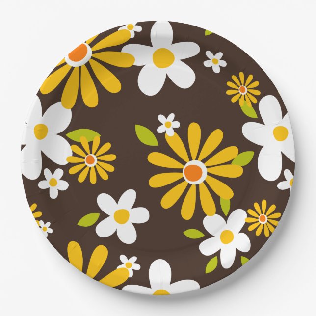 retro 70s 60s flower pattern style paper party plate (Front)
