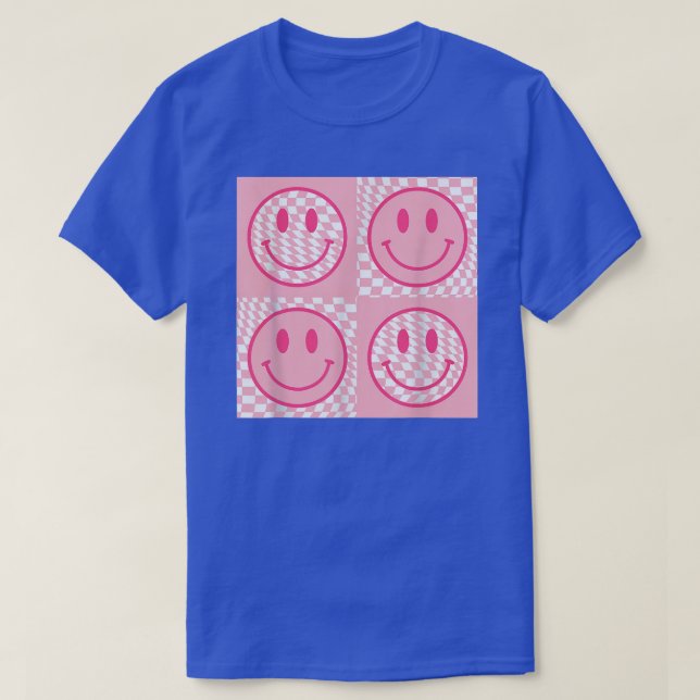 Retro 70s 80s Happy Face Pink Smile Face Chequered T-Shirt (Design Front)