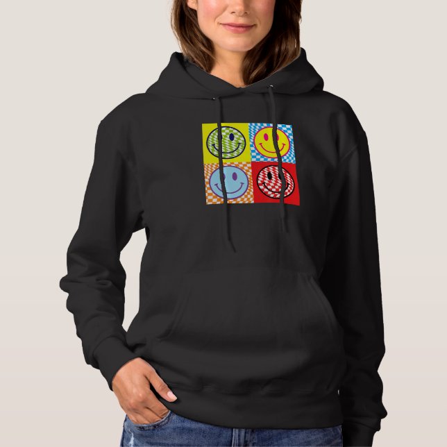 Retro 70s 80s Happy Face Smile Face Checkered Patt Hoodie (Front)