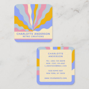 Retro 70s Abstract Rays Custom Name Square Business Card