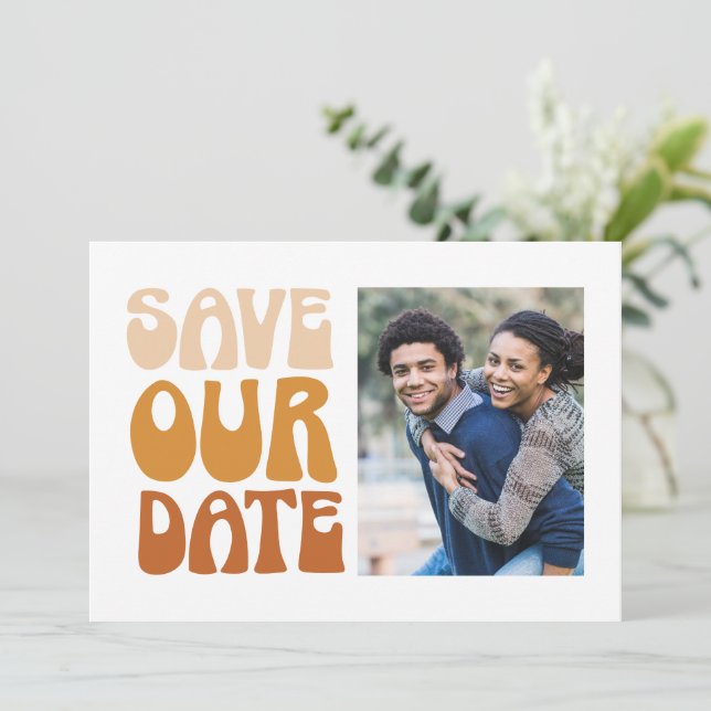 Retro 70s Beige Brown Bold Photo Wedding Boho Save The Date (Standing Front)