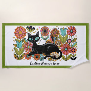 Retro 70s Black Cat Floral Personalised Design Beach Towel