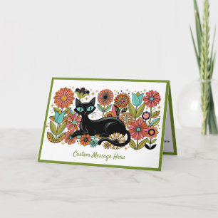 Retro 70s Black Cat Floral Personalised Design Card