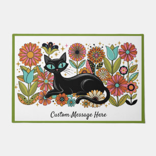 Retro 70s Black Cat Floral Personalised Design Doormat