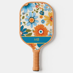 Retro 70's Blue Yellow Orange Ditzy Floral Name  Pickleball Paddle