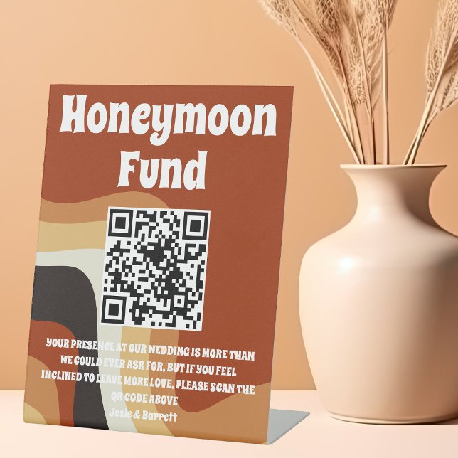 Retro 70s Bohemian Wedding QR Code Honeymoon Fund Pedestal Sign (Creator Uploaded)