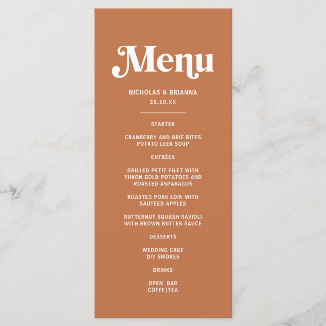 Retro 70s Boho Burnt Orange Wedding Menu (Front)