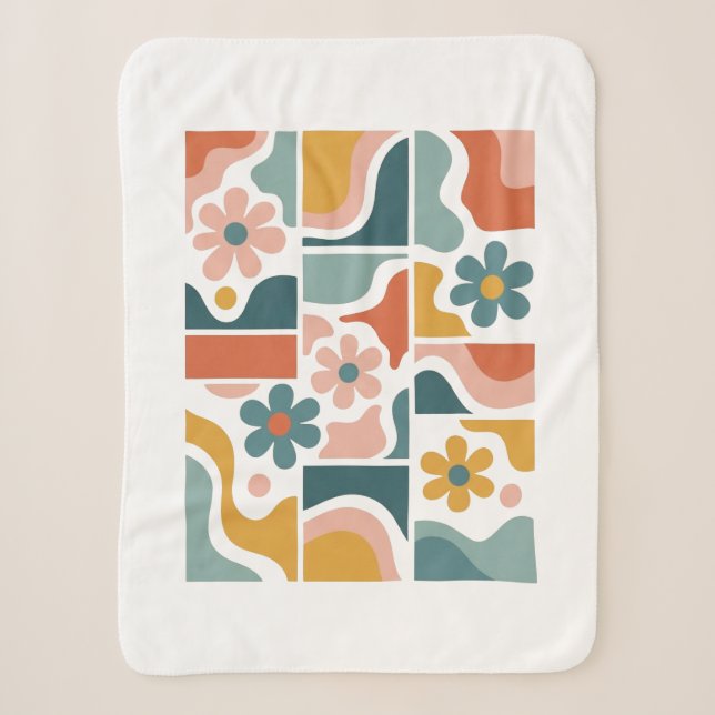 Retro 70s Boho Floral Pattern Groovy Flower Grid Sherpa Blanket (Front)