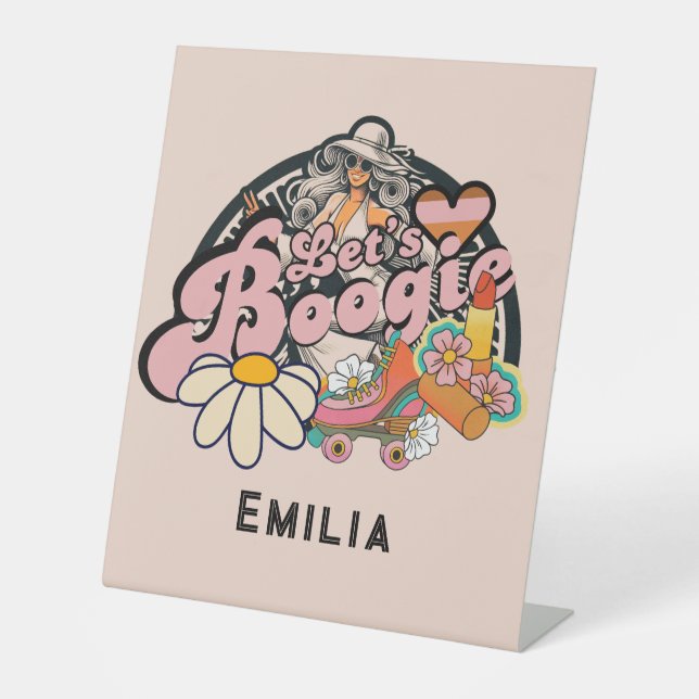 Retro 70s Boogie Disco Dancing Bridal Bachelorette Pedestal Sign (Front)