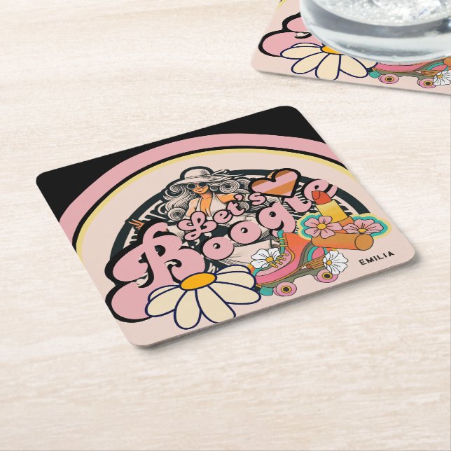 Retro 70s Boogie Disco Dancing Bridal Bachelorette Square Paper Coaster (Angled)