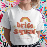 Retro 70s Bride Squad Bridesmaid Name Bachelorette T-Shirt<br><div class="desc">Celebrate your bachelorette with this super fun t-shirt,  featuring groovy typography,  daisy flowers,  custom date,  location & elegant calligraphy name. Easily add your own details by clicking on the "personalise" option.</div>