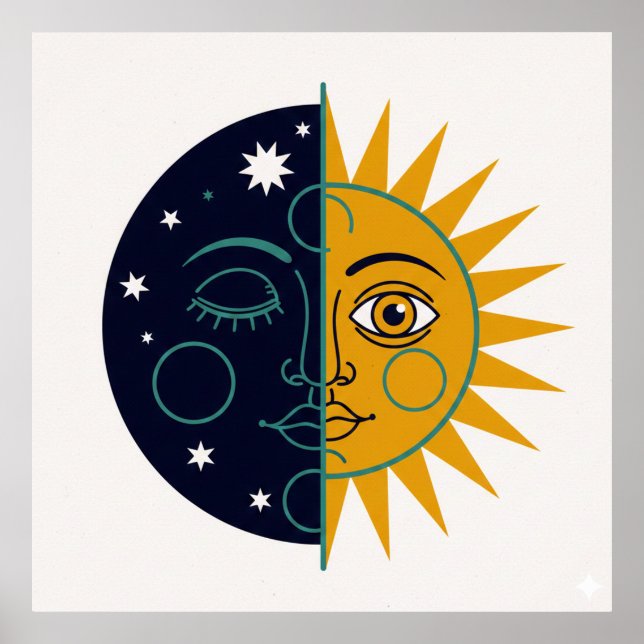 Retro 70s Celestial Sun Moon Split Face Art Print (Front)