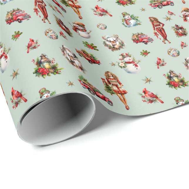 Retro 70s Christmas Vintage Winter Scenes Wrapping Paper (Roll Corner)