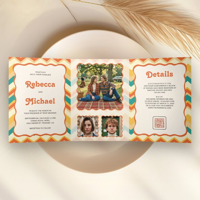 Retro 70's Colourful Chevron Photo QR Code Wedding Tri-Fold Invitation (Creator Uploaded)