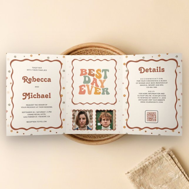 Retro 70's Colourful Flowers Photo QR Code Wedding Tri-Fold Invitation (Creator Uploaded)