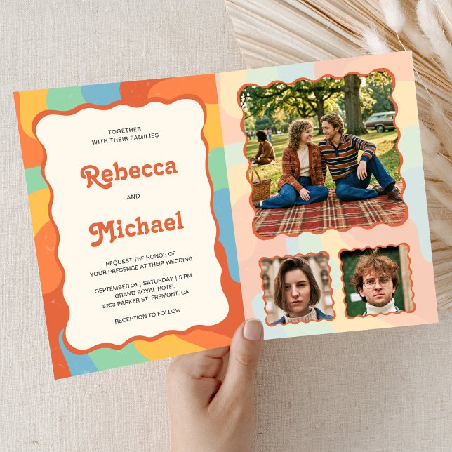 Retro 70's Colourful Groovy Photo QR Code Wedding Invitation (Creator Uploaded)