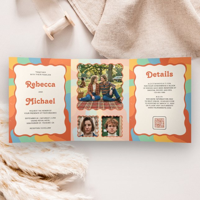Retro 70's Colourful Groovy Photo QR Code Wedding Tri-Fold Invitation (Creator Uploaded)