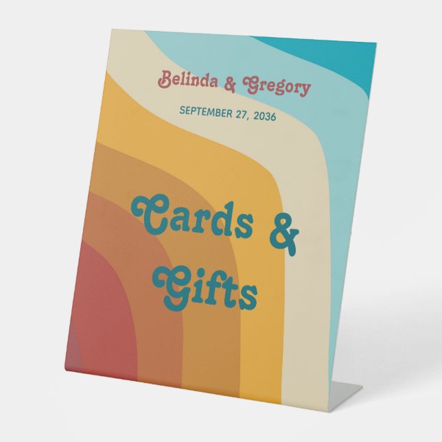 Retro 70's Colourful Rainbow Wedding Cards Gifts Pedestal Sign (Front)