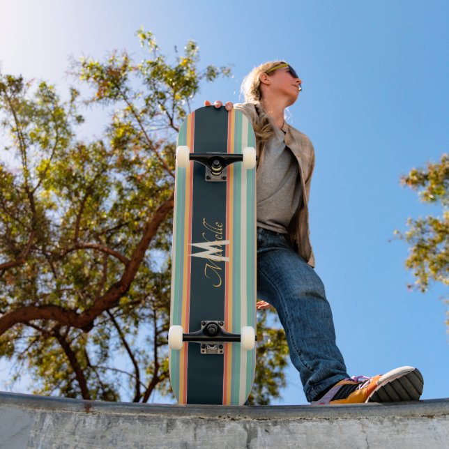 Retro 70s Colourful Striped Custom Name & Monogram Skateboard (Outdoor 1)