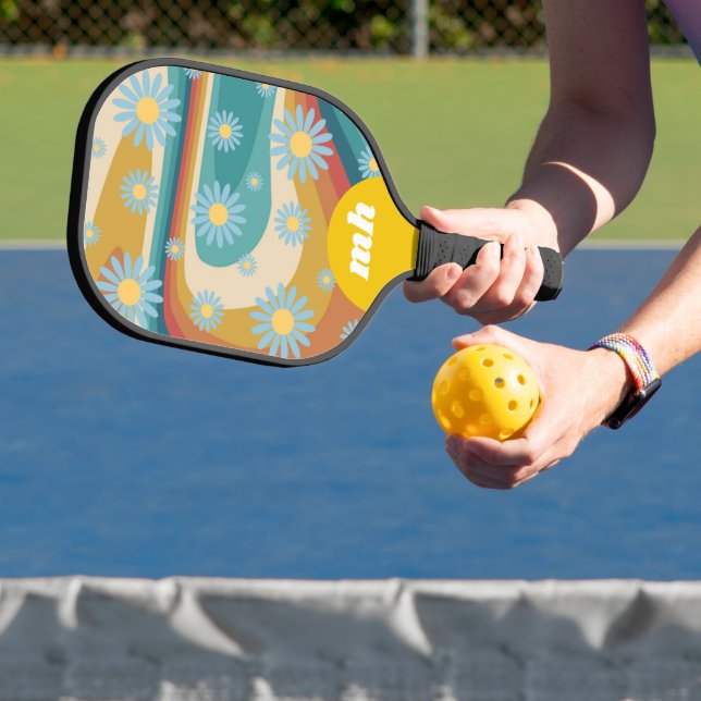 Retro 70s Daisy Flower Monogram  Pickleball Paddle (Insitu)