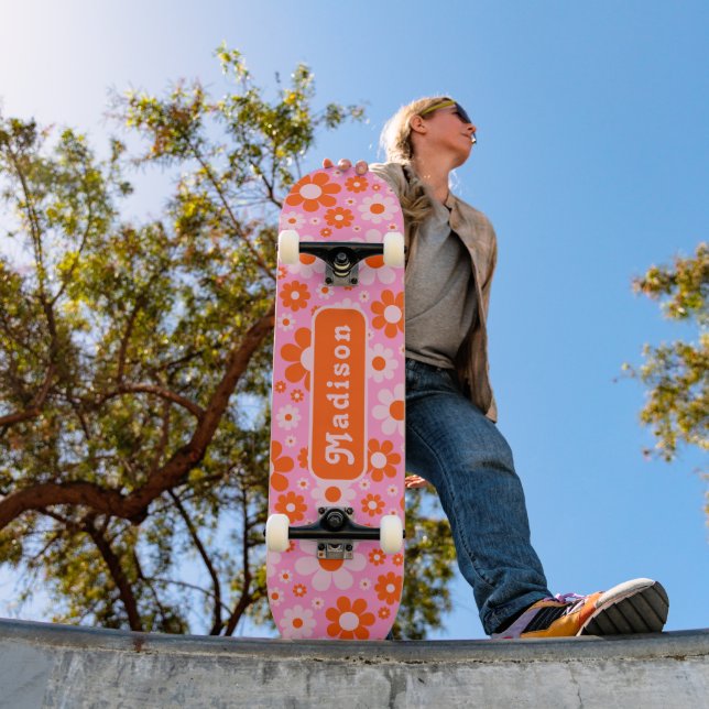 Retro 70s Daisy Orange Pink Name Skateboard (Outdoor 1)