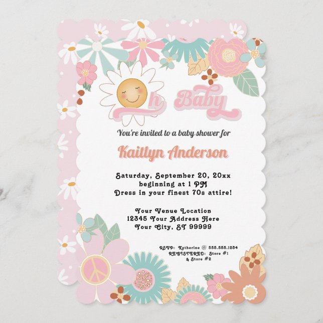 Retro 70s Daisy Pink Peach Girl Oh Baby Shower Invitation (Front/Back)