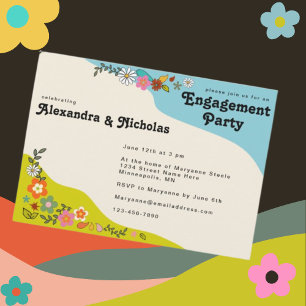 Retro 70's Decorative Floral Engagement Party Invitation