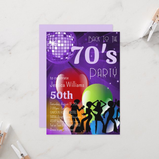 Retro 70's Disco Ball & Balloons Birthday Party Invitation (Front/Back In Situ)