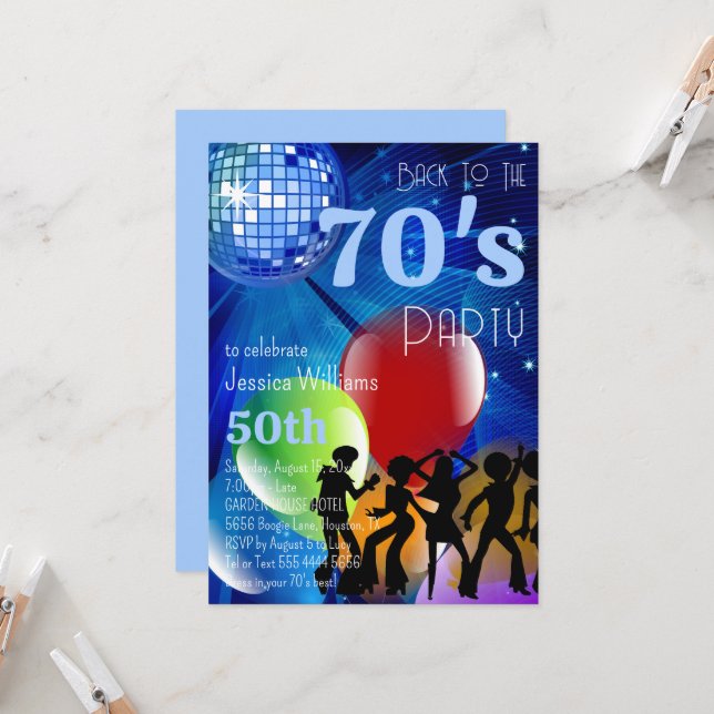 Retro 70's Disco Ball & Balloons Blue Birthday Invitation (Front/Back In Situ)