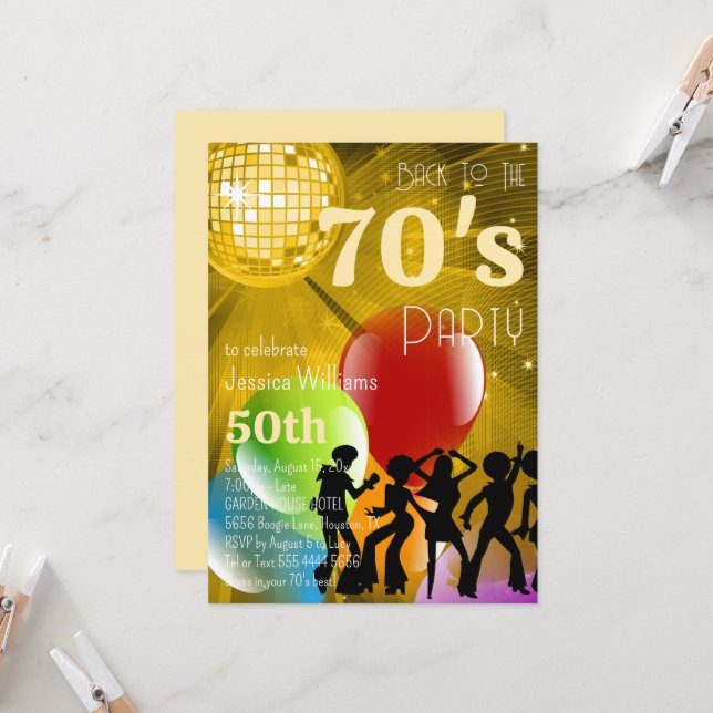 Retro 70's Disco Ball & Balloons Gold Birthday Invitation (Front/Back In Situ)