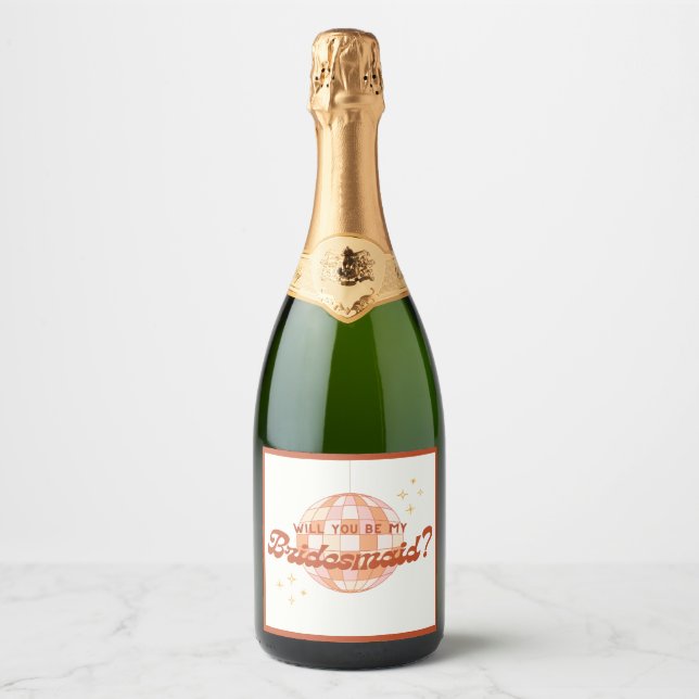 Retro 70s Disco Ball Bridesmaid Proposal Champagne Sparkling Wine Label (Front)