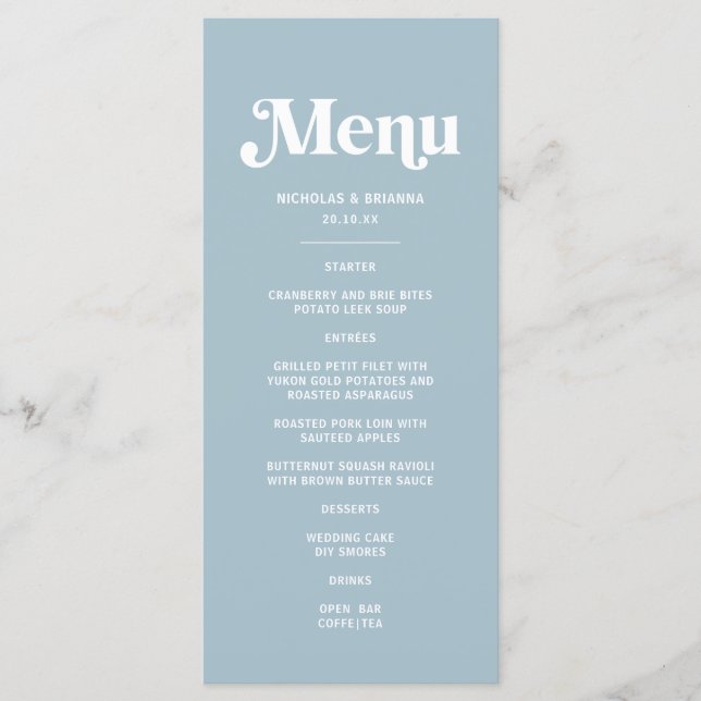 Retro 70s Dusty Blue Wedding Menu (Front)