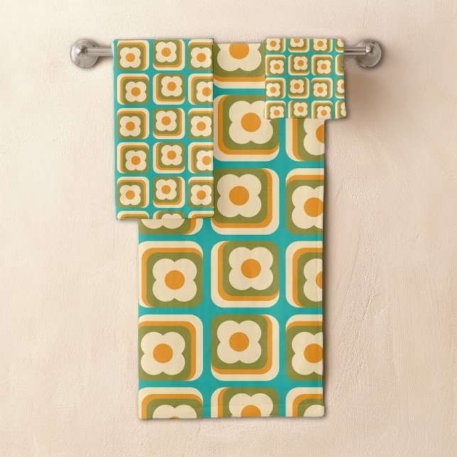 Retro 70s Floral Geometric Teal Green Orange Bath Towel Set (Creator Uploaded)