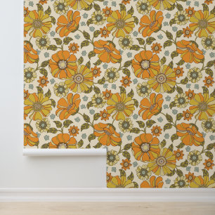 Retro 70s Floral Orange Gold Pattern Wallpaper
