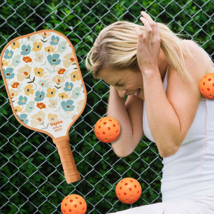 Retro 70s Floral Pattern Custom Text Name Pickleball Paddle