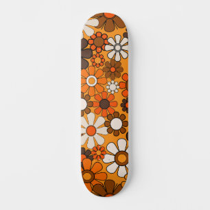 Retro 70s Floral Pattern Groovy Orange and Brown Skateboard