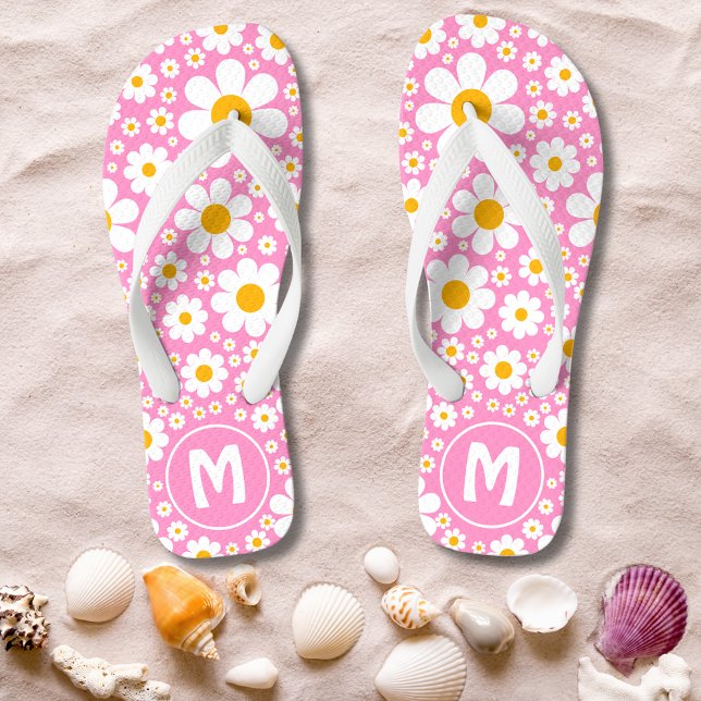 Retro 70s Floral Pink Monogram Thongs (Retro 70s floral pink monogram flip flops with simple daisy pattern and groovy typography )