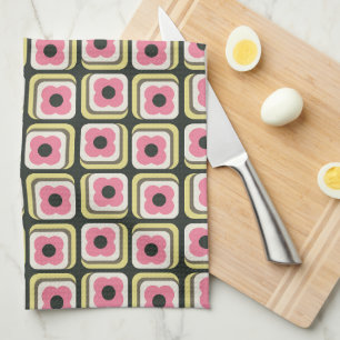 Retro 70s Floral Squares Pink, Yellow, Green Tea Towel