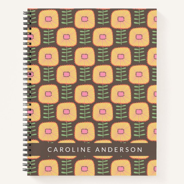 Retro 70s Flower Pattern in Brown Personalised Notebook (Front)