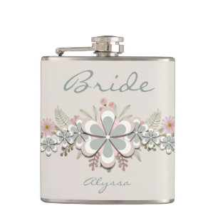 Retro 70's Flower Power Green-White Bride Hip Flask