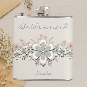 Retro 70's Flower Power Green-White Bride Hip Flask