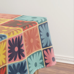 Retro 70s flower squares chequered pattern tablecloth