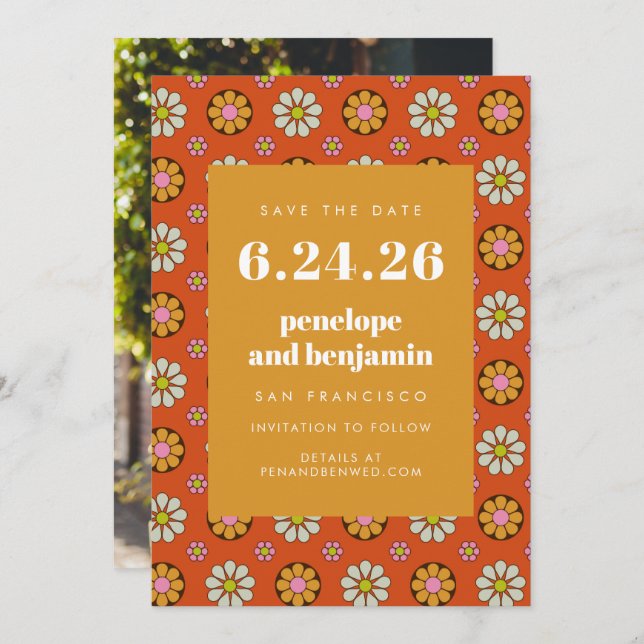 Retro 70s Flowers Bright Orange Picture Wedding Save The Date (Front/Back)