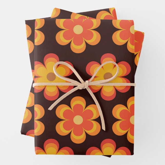 Retro 70s Flowers in Orange Yellow Red Pattern  Wrapping Paper Sheet (In situ)