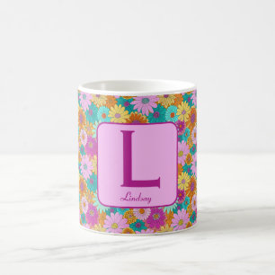 Retro 70s Flowers, Monogram Letter and Name 11oz Coffee Mug