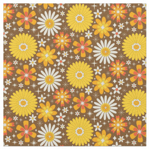 Retro 70s Flowers with Atomic Starbursts on Brown Fabric
