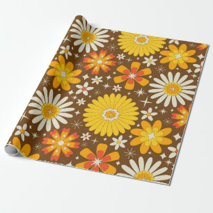 Retro 70s Flowers with Atomic Starbursts on Brown Wrapping Paper