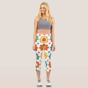 Retro 70s Geometric Flower Power Boho Capri Leggings